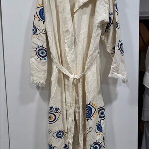 Bohemian evil eye 🧿 Cream Robe with Blue and Yellow Patterns